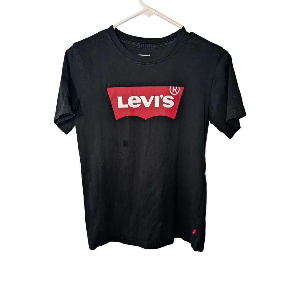Levis Boys Graphic T-Shirt Black Short Sleeve Red Batwing Logo Size L 12-13 YRS
